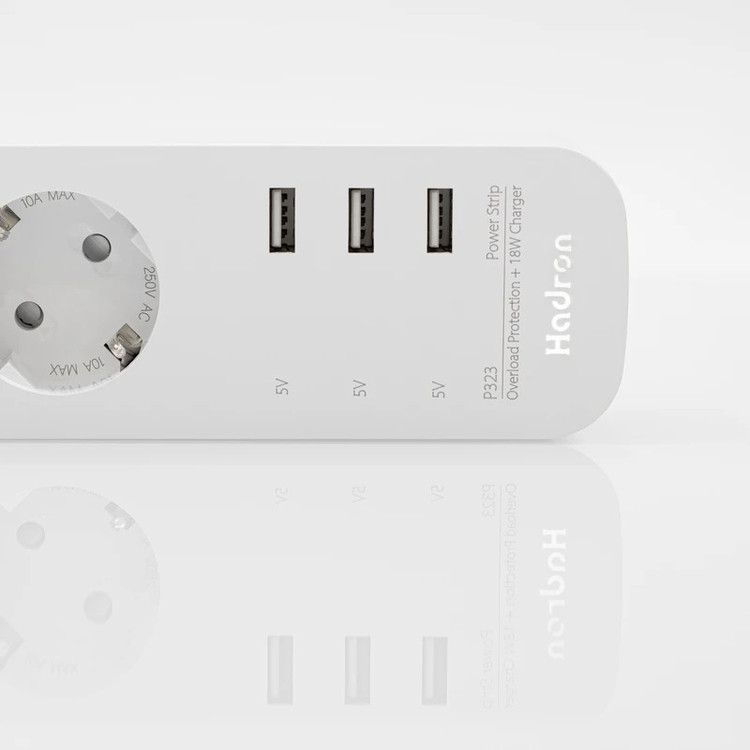 چندراهی برق هادرون مدل P323 | سه پریز ارتدار + سه پورت USB سریع ۱۸ وات