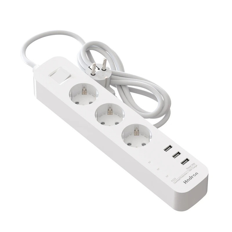 چندراهی برق هادرون مدل P323 | سه پریز ارتدار + سه پورت USB سریع ۱۸ وات